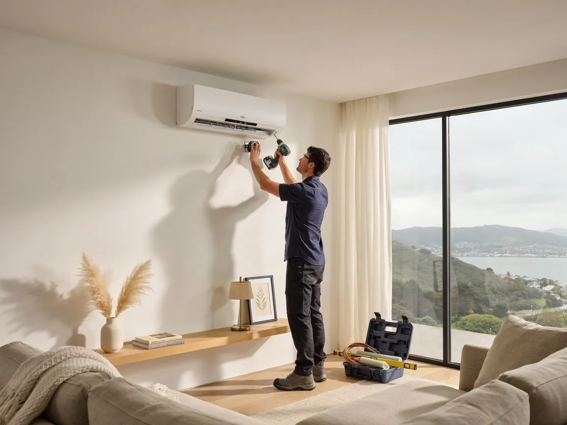 Heat pump installer fitting a unit in a Wellington home