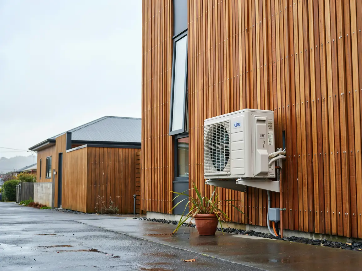 Heat pump outdoor unit on a Wellington home
